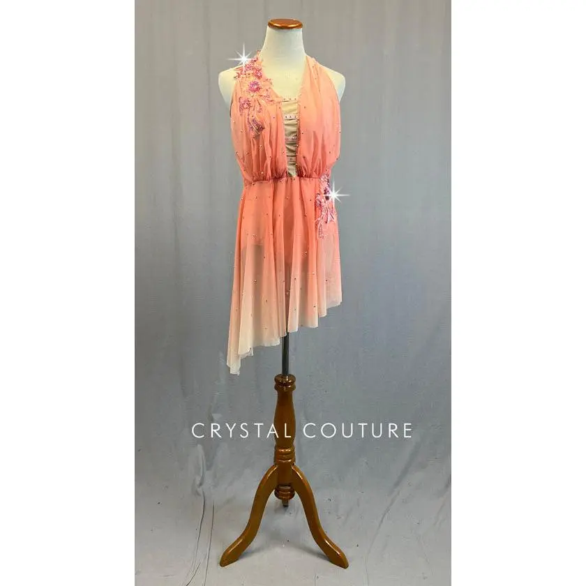 Peach Ombre Dress with Asymmetrical Hem and Appliques - Rhinestones