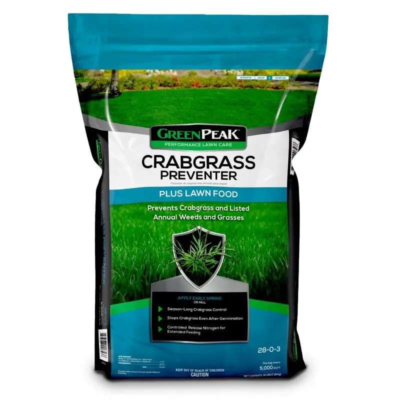 Greenpeak 7045322 Crabgrass Preventer Lawn Food, 5000 sq ft Coverage, for All Grass Types, with Granules & Organic Lawn Soil Activators, Lawn Grass