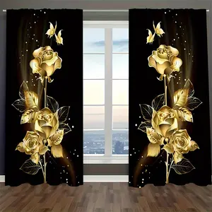 Rose Pattern Curtain, 2 Counts/set Butterfly Pattern Thermal Insulated Home Decoration Curtain, Window Drapes for Home Living Room Bedroom Decor