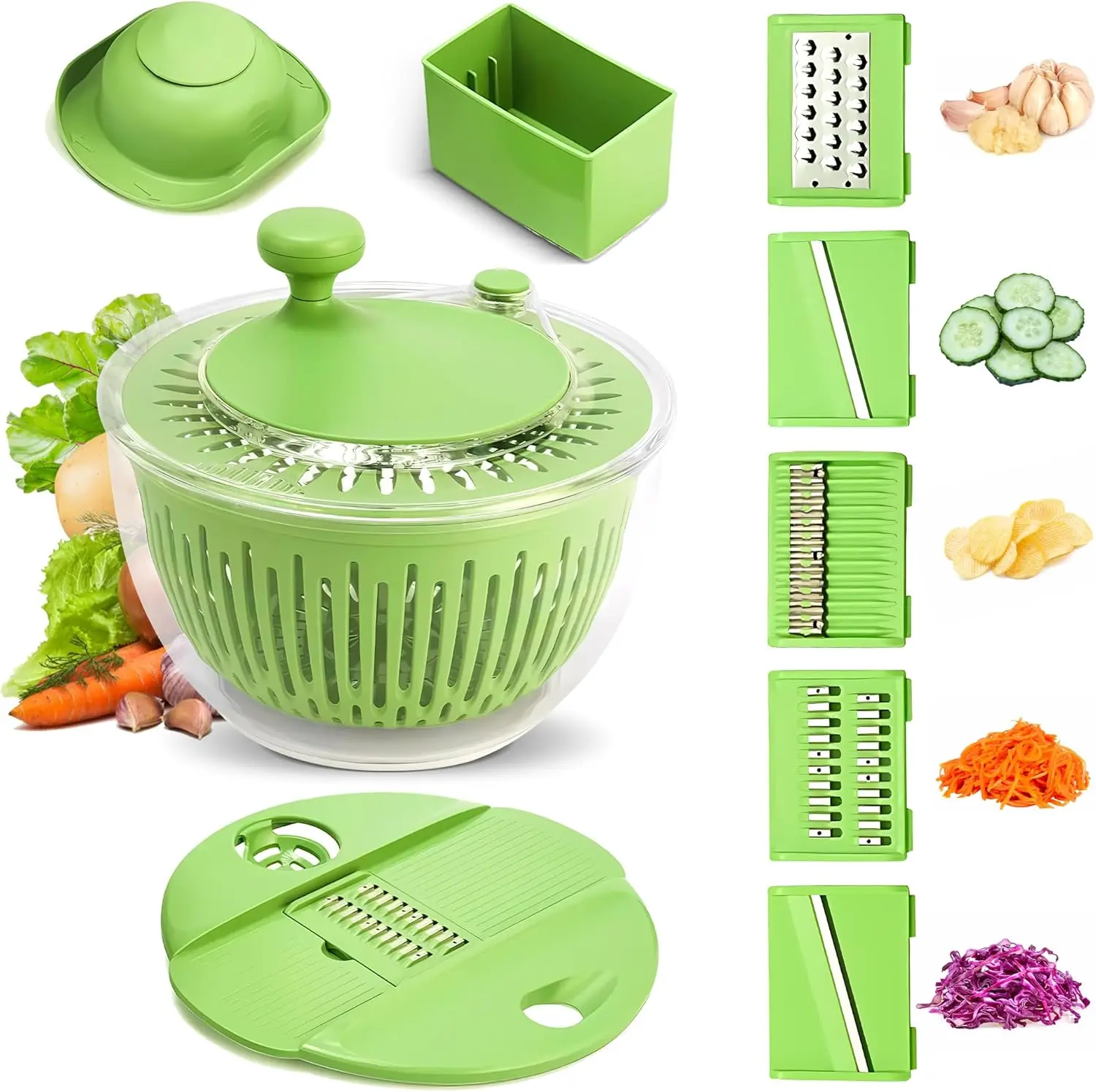 5-in-1 Salad Spinner Large with Lid Vegetable Washer and Dryer Fruit Cleaner Vegetable Chopper & Slicer with 5 Blades, 5 Qt Lettuce Spinner Strainer Shredder Bowl Egg Yolk Separator for Easy Meal Prep