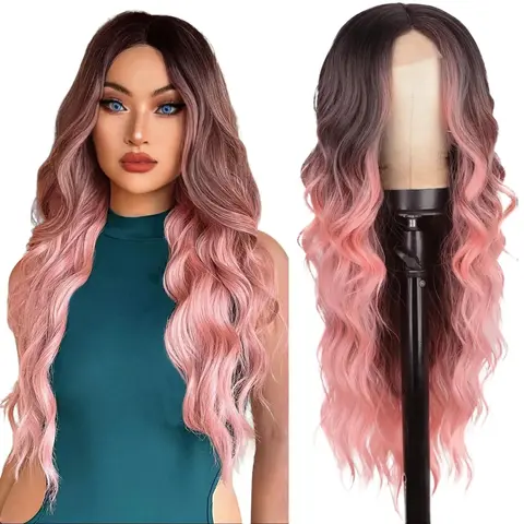 AISI HAIR Women's 26 inch Lace Frontal Wig, Heat-Resistant Synthetic Fiber, Layered Pink Ombre Wavy Style, Natural-Looking Middle Part, Breathable Rosemesh Cap, Suitable for Weddings, Concerts, Dating