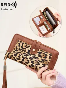 Women's Long Wallet RFID Blocking Credit Card Holder, Large Capacity Multiple Card Slots, Fashion Zipper Handbag with Wrist Strap, Casual Zipper Purse, Rfid Blocking Purse
