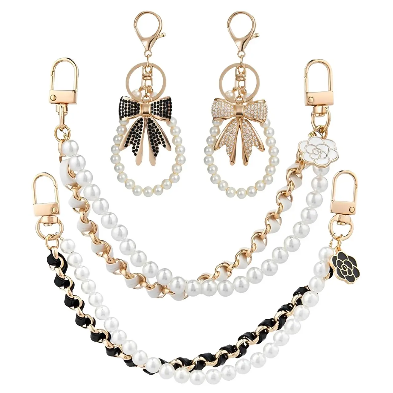 4 Pcs White Rhinestone Bowknot Keychain Imitation Pearl Chains Sparkly Bow Purse Charm Bag Charms for Handbags Purse Backpacks Handbag Charms Keychain Accessories for Women