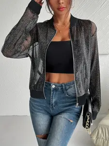 Transparent Design Baseball Jacket, Cool and Elegant Style, Loose Fit, Perfect for Daily, Light Social Events, Casual Dates
