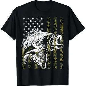 Cotton Short Sleeve Fishing, Camouflage American Flag Fish, Bass Fish Fisherman T-Shirt For Men Women