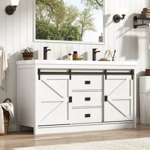 【2Packages Shipping】Double Bathroom Vanity with Sink & Faucet & Sewer Pipes,59" Farmhouse Bathroom Vanity Cabinet Set with 3 Storage Drawers & Sliding Barn Door,Double Ceramic Sink Vanities With Metal Handle(Grey/White)