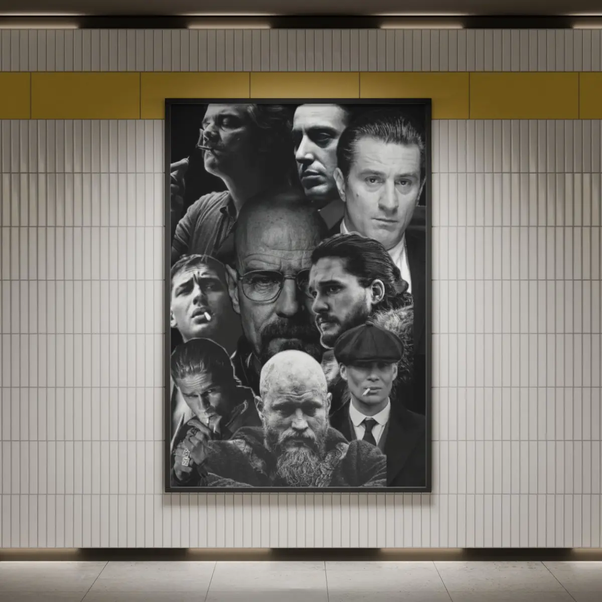 Breaking Bad, Peaky Blinders & Mafia Legends Poster, Iconic TV Crime Character Collage Print, Black and White Wall Art for Movie Fans