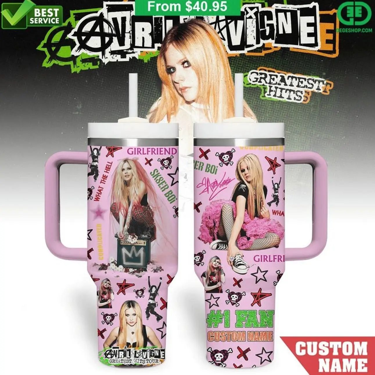Greatest H!ts Avr!l Lav!gne Custom 40oz Tumbler With Handle & Straw, Pop Rock Fan Travel Mug