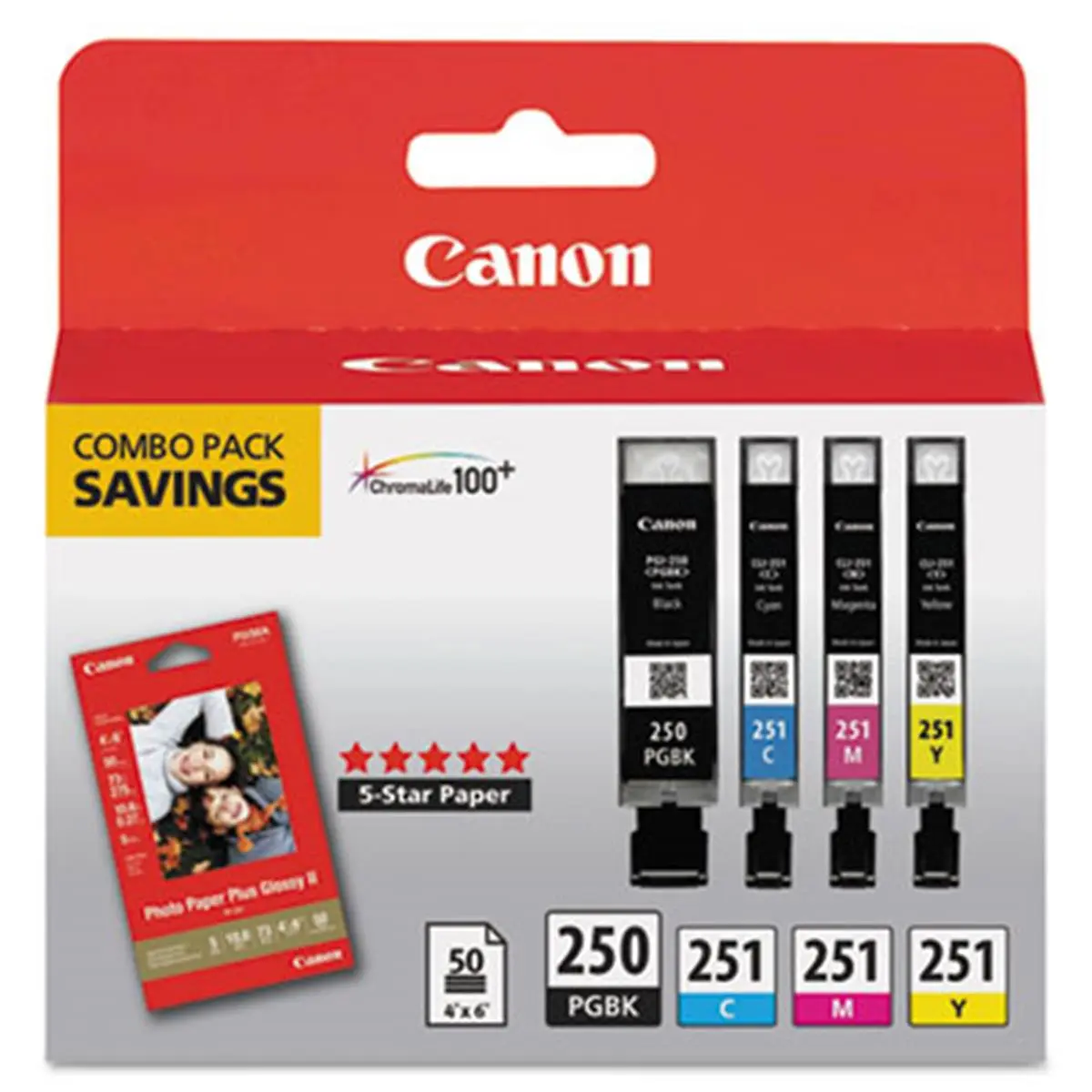 Canon Printer Ink Refill Cartridges Box - PGI-250 BK, CLI-251 CMYK Cartridges, 50 Sheets of 4x6 Paper, Cost-Effective, High Print Quality, Long-Lasting Durability, Refillable Ink