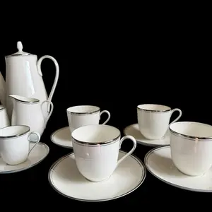 Mikasa Wellesley Vintage Tea Set White Porcelain with Silver Trim Classic Coffee Service