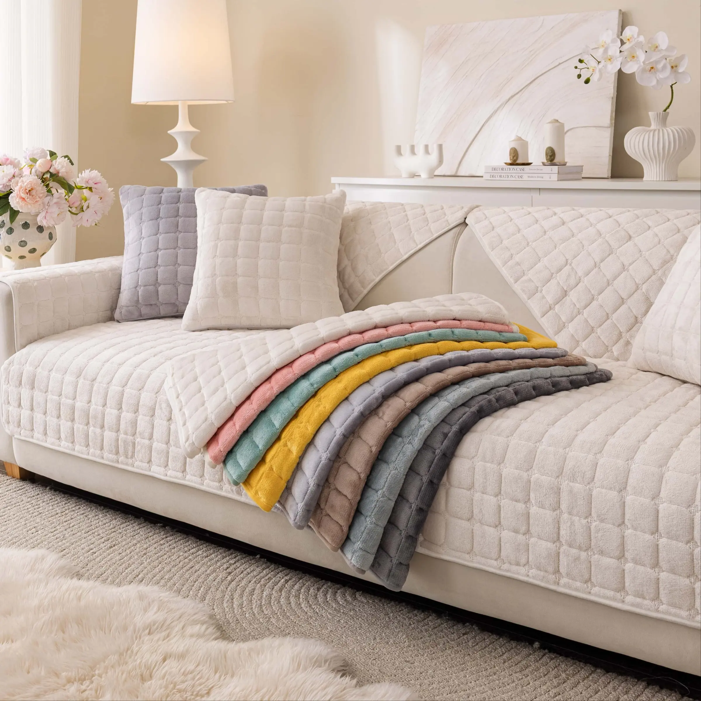 Plush Sofa Cover, Sofa Covers, Washable Sofa Slipcover, Elastic Sofa Slipcover, Washable Slipcovers, Non-Slip, Soft Plush Square Pattern, Pet-Friendly Scratch Resistant, Fits Armchair/Loveseat/3-Seater, Multi-Color, Soft Sofa Protector, Home Decor