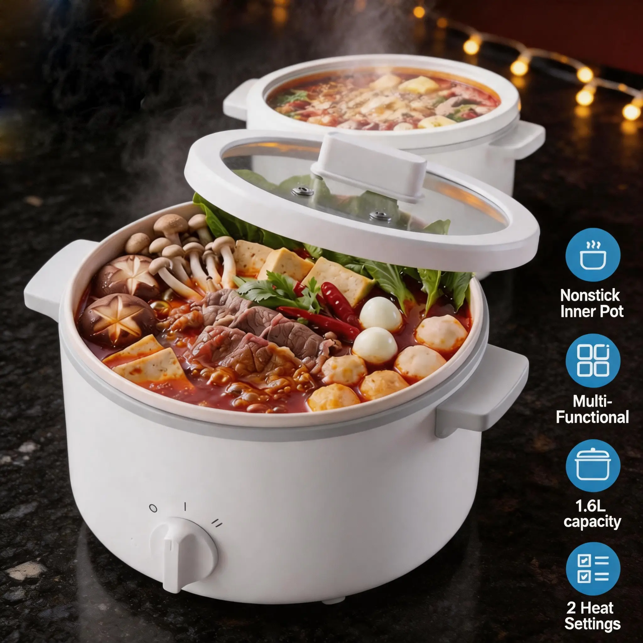 【Black Friday】1.7 QT (1.6L) Electric Hot Pot - Portable Small Electric Cooker with Ceramic Glaze Non-Stick Liner, 2 Power Settings, Detachable Power Cord, Boil Dry Protection for Dorm Use, Noodles, Soup