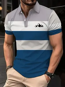 Men's Summer Fashion Business Style Polo Shirt, Snow Mountain Logo Striped Outdoor Print Polo Shirt, Casual and Laid-back, Fitness-friendly and Avant-garde Style, Suitable for Business, Golf, and Spring and Summer Outdoor Sports Clothing