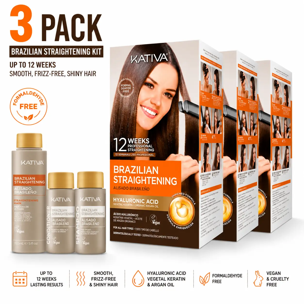 Kativa Brazilian Keratin Straightening Kit - 3-Pack Formaldehyde-Free Haircare Treatment with Hyaluronic Acid & Argan, 12-Week Frizz Control, Moisturizing, Glossy Hair for All Hair Types