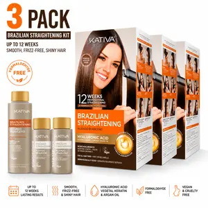 Kativa Brazilian Keratin Straightening 3-Pack Kit - Organic, Hyaluronic Acid, Argan Infused, Formaldehyde-Free Unisex Haircare for Curly Hair & All Hair Types, 12 Weeks Frizz-Free Smooth Salon Results for At Home Use