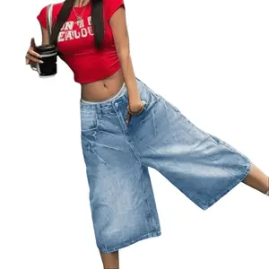 Vintage Washed Cat Whiskered Pocket Style Wide Leg Bermuda Jeans Denim Jorts Casual Shorts Cropped Trousers Fit Pants