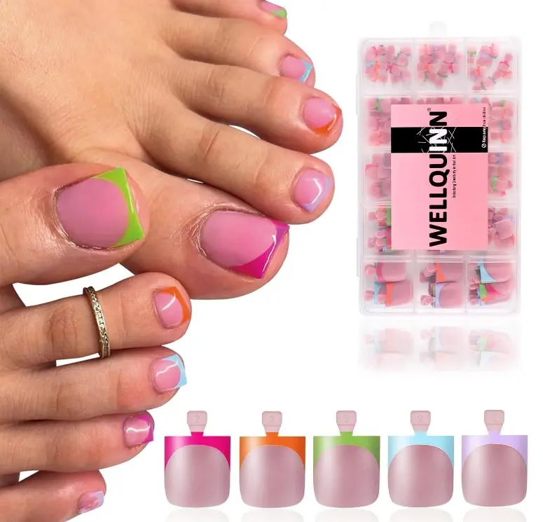 Toe Nail Press Ons, French Tips Toe Press On Nails, 150pcs Square Pre-Designed Soft Gel Thick False Toenail Extension, 5 Colors Full Cover Acrylic Nails for DIY 15 Sizes