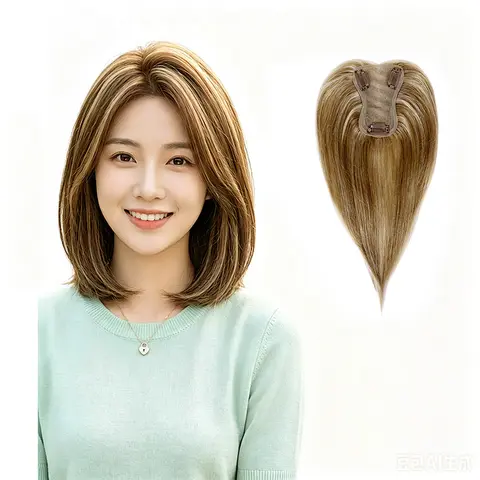 Lotfon Female Organic Human Hair Topper - Natural Straight, Face-Framing Highlights, Shadow Root, Volumizing High Root Lift, Invisible Clip Long Top Piece for Women's Hair Volume Enhancement, Human Hair Toppers, Chic