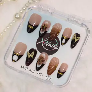 Xnails | PALACE BLOSSOMS | 10PCS Handmade Press on nails Almond shape REUSABLE, Salon Quality, Glossy Design Sparkly Rhinestones Shimmer Glitter