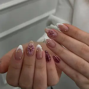 Party Essential! 24pcs Leopard Print Design Flower Nail Art, French Rhinestone Long Sharp Tips, Removable No Bake, Perfect for Hot Girl Dates