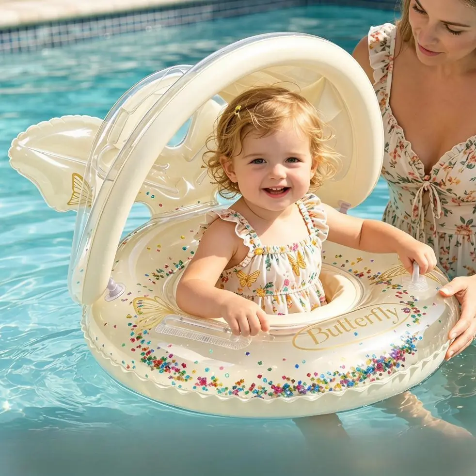 Jiajchuf Inflatable Baby Pool Float with Sun Canopy, Glitter Blue Anti-Rollover Toddler Swim Ring for Beach & Summer Pool Parties