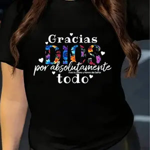 Women's "Gracias Dios por Absolutamente Todo" Graphic Tee - Casual Crew Neck Short Sleeve T-Shirt, Black with Colorful Heart Design, Spring/Summer Essential, Ladies T Shirts Black CLL T-shirts-6492