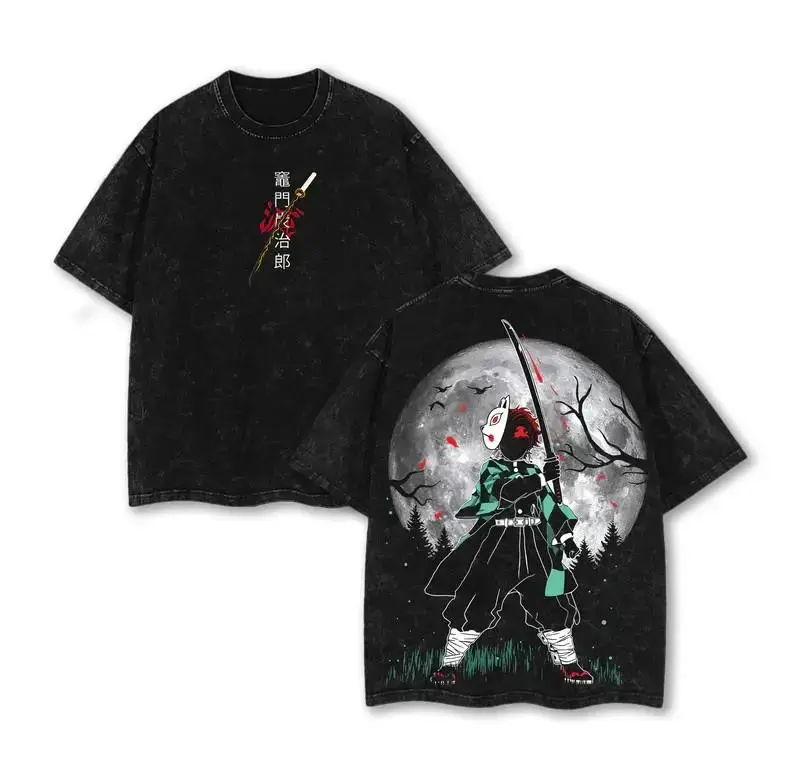 Men's 100% Cotton Tanjiro Kamado Kimetsu no Yaiba Oversized Short-Sleeve Casual Classic Menswear Apparel T-Shirt, Distressed Wash, Character Print, Figure-Flattering, Multi-Size Graphic Top, Shortsleeve
