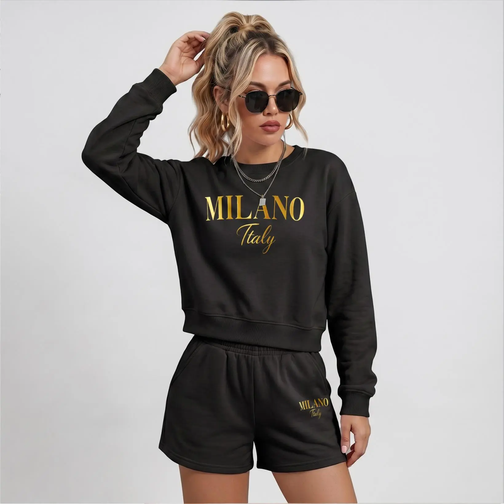 Women’s Milano Italy Graphic Crewneck Short Sleeve Sweatshirt & Shorts Set, Casual Matching Two Piece Outfit With Built-In Drawstring Shorts