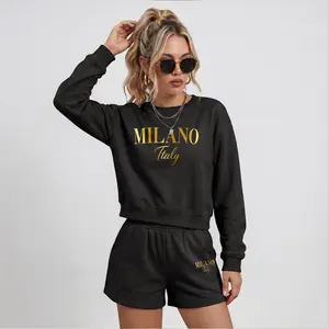 Women’s Milano Italy Graphic Crewneck Short Sleeve Sweatshirt & Shorts Set, Casual Matching Two Piece Outfit With Built-In Drawstring Shorts