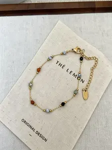 Colorful Gemstone Bead Chain Bracelet Necklace Set, Elegant Vintage Jewelry Combination, All Seasons Accessory, Plain Pattern