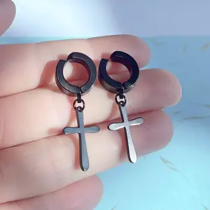 New stainless steel cut-out cross pendant ear clip earrings without piercing