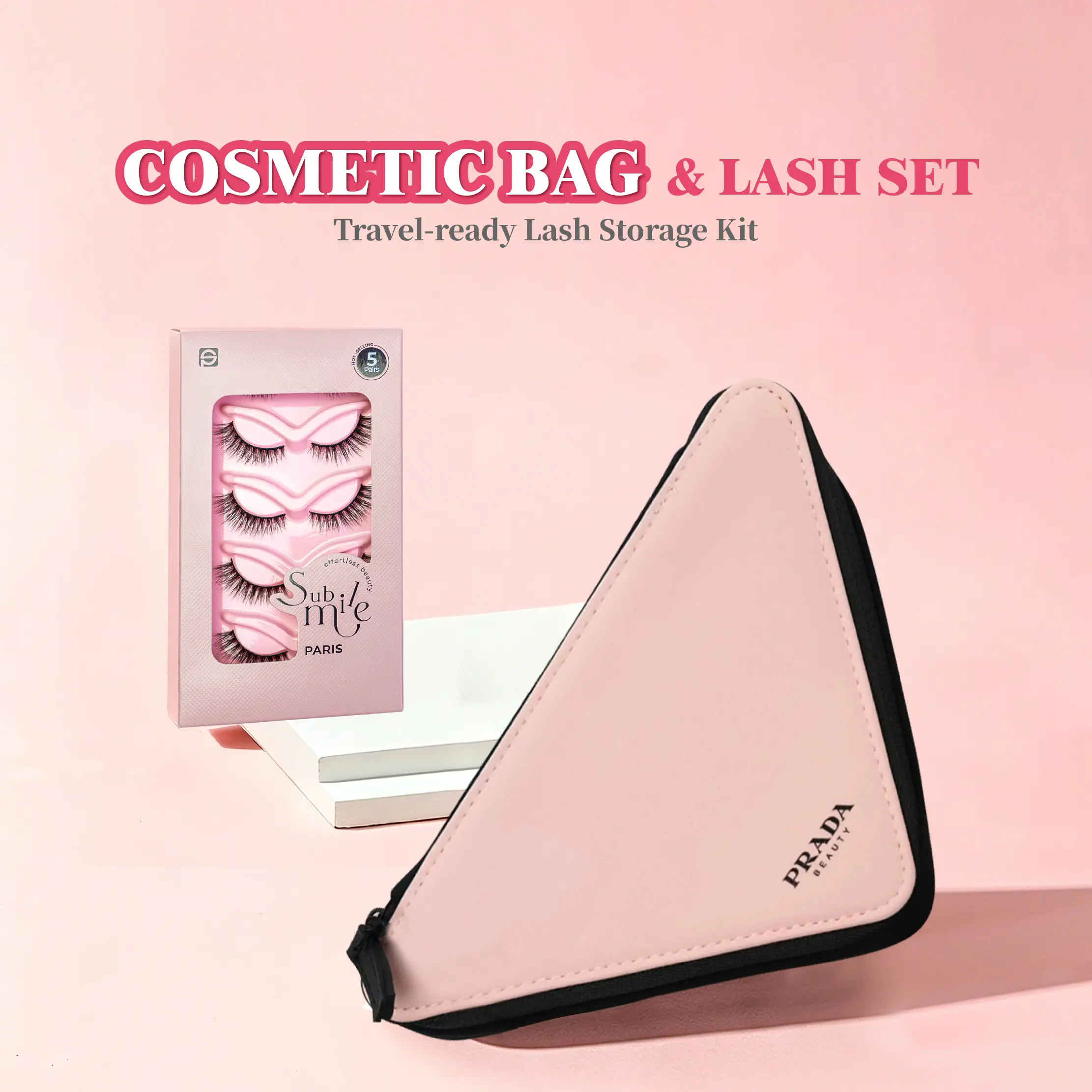 Prada Triangle Pink Toiletry Bag Makeup Bag Comes with a free gift&[3D Glam Lashes Bold D Curl Volume 5 Pairs ReusableCruelty-Free for Makeup Use Enhance Your Natural Beauty -Cosmetic Eyelashes]