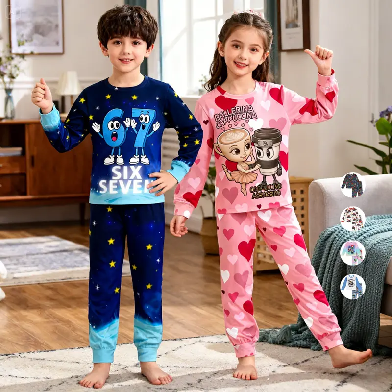 Girls' C#67 2-Piece Christmas Pajama Outfit, Festive Christmas Hat Print Sleepwear Pajama, Soft Comfortable Fabric All-Seasons Holiday Essential Gift