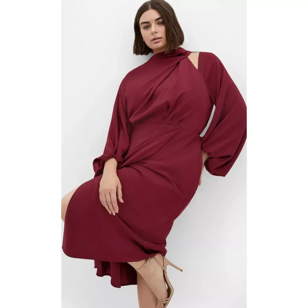 City Chic Jaylee Women's Plus Size Cold Shoulder Dress, High Neck Faux Wrap Midi Style, Woven Polyester Fashion Apparel
