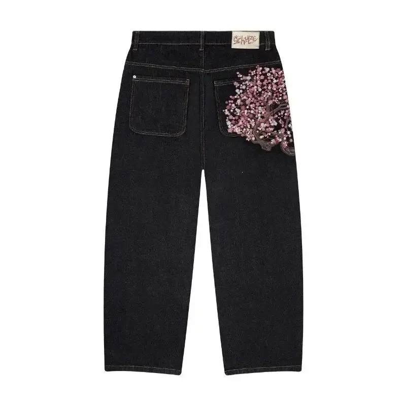 Unisex high-waisted baggy straight-leg black denim jeans with delicate sakura cherry blossom embroidery on the back pocket; retro oriental Y2K Harajuku gothic hip-hop streetwear relaxed-fit denim pants for men and women.