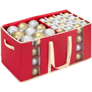 Large Christmas Ornament Storage Box With Adjustable Dividers,Ornament Storage Container with Two Handlesfor 128 Holiday Decorations,Red