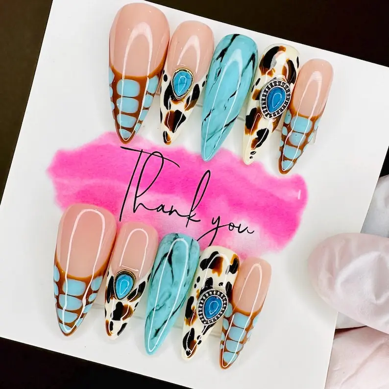 Cowgirl Press On Nails 3D Turquoise Stone Cow Print Y2K