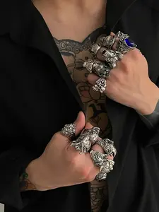 Men's Punk Style Alloy Stacking Rings Set, Adjustable Vintage Fashion Hip-Hop Jewelry, Trendy Gift Idea for Friends & Students