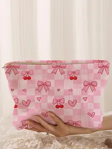 Bow Cherry Printed Corduroy Makeup Bag, Cartoon Style, Cute Lightweight Multi-Functional Fashion Casual Cosmetic Pouch, Travel Organizer, Makeup Storage Bag, Cosmetics Bag
