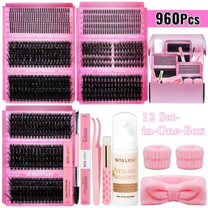 RITALASH 960PCS Spike&Cat Lash D Curl Individual Eyelashes Black Fluffy Eyelash Clusters Individual Eyelashes Soft And Comfortable Kit With Lash Bond&Seal Lash Remover Tweezers Dual-Ended Brush Shampoo&Brush Headband Wristband Volume Individual Lashes