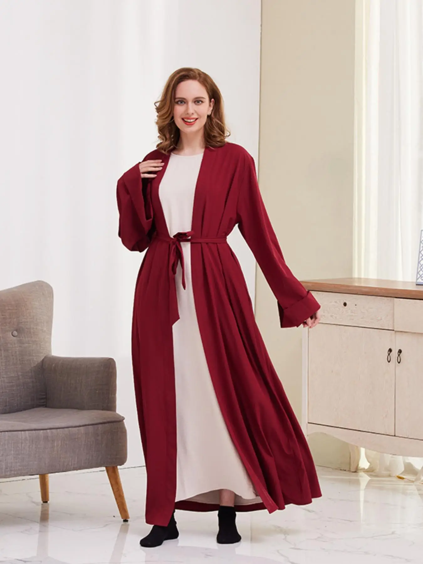 Women's Solid Long Sleeve Belted Abaya without Inner Dress, Casual Open Front Arabic Robe, Women's Islamic Muslim Clothing for All Seasons