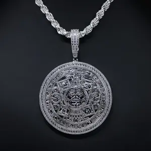 Big Iced Aztec Calendar Pendant - 925 Silver