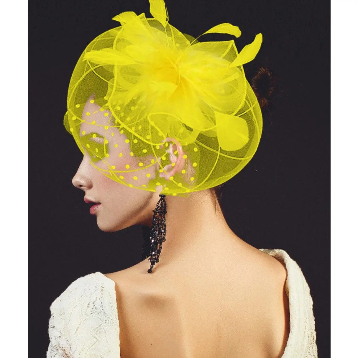 Yellow Bow Feather Mesh Flower Fascinator / Headband