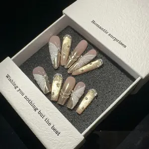Handmade Nude Gold Butterfly Press On Nails with Rhinestones & Pearls