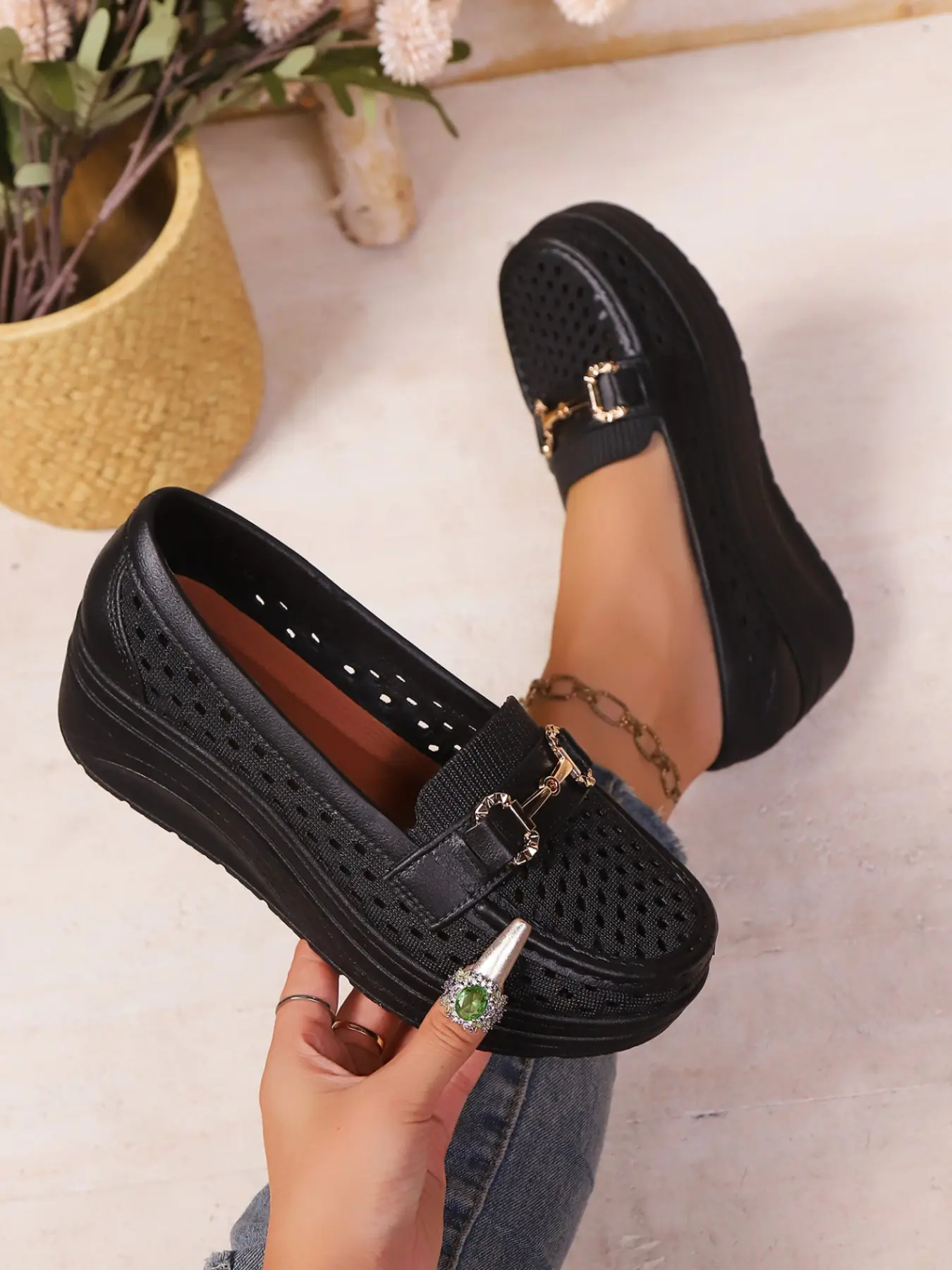Summer New Thick Sole Loafers for Women, Hollow Out Breathable Slip Ons Buckle, Height-Boosting Versatile Lazy Shoes, Low Top Loafers