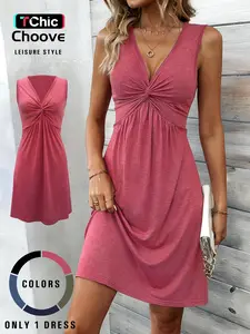 Women's Casual Chic Sleeveless Short Dress, Cross Neck Design, Ruched A-Line Hem, Slim Fit, Soft Lightweight Fabric, All Seasons Wear