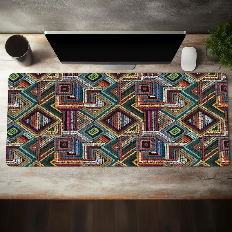Bohemian Ethnic Design Geometric Pattern Large Gaming Mouse Pad, 1 Count Creative Non-slip Rubber Base Stitched Edge Desk Pad, Gaming Desk Accessory, Office Desk Accessories for Home Game, Gift for Friend
