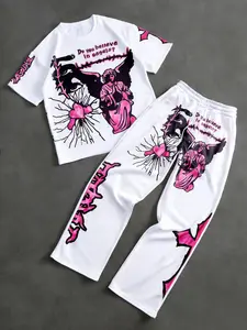 Unisex Trendy Dark Aesthetic Angel Heart Set, Main Color with Print Details, Loose Wide Leg Fit, Casual Style