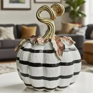 Handmade Resin Pumpkin Sculpture with Stripe Design Perfect for Thanksgiving Halloween Fall Home Decor Party Props Ornament