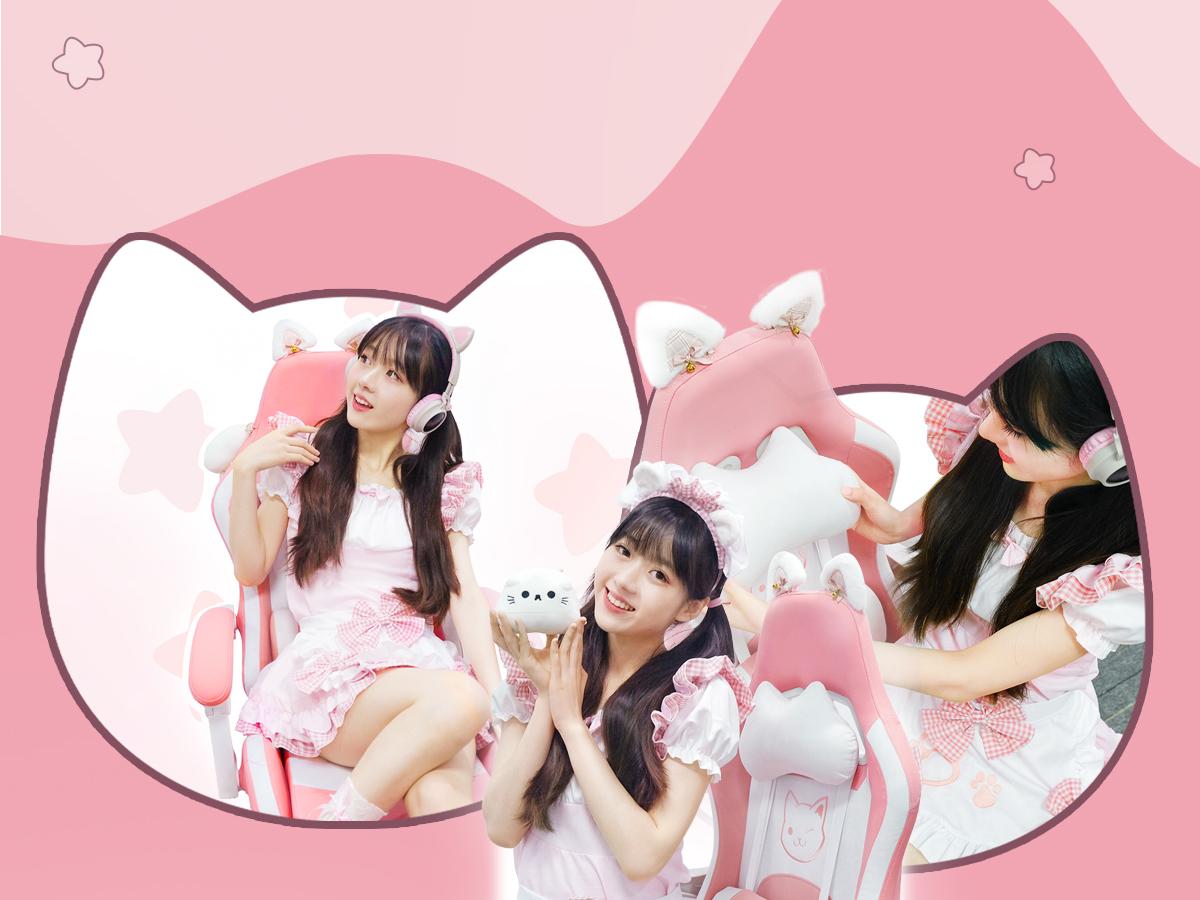 Dowinx Gaming Chair Cute with Cat Ears and Massage Lumbar Support, Ergonomic Computer Chair for Girl with Footrest and Headrest, Comfortable Reclining Game Chair 290lbs for Adult, Teen, Three Colors